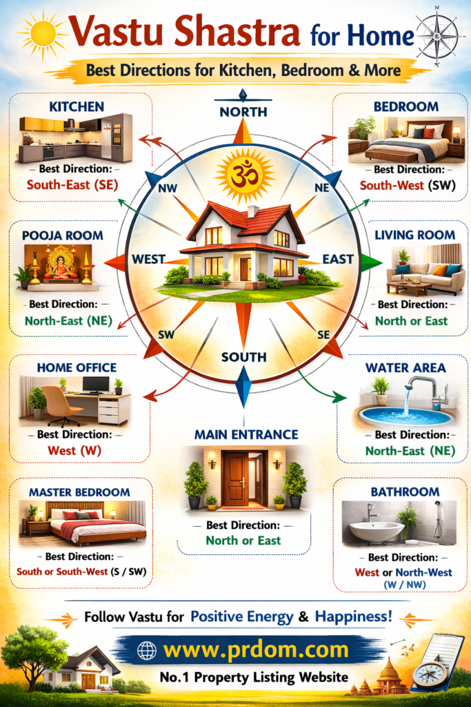 Vastu Shastra home directions infographic with kitchen, bedroom and entrance guide